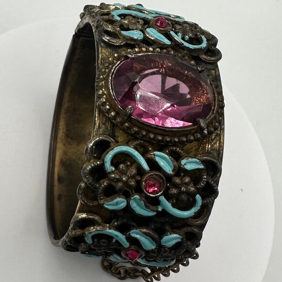 Vintage antique Austro Hungarian Czech glass enamel hinged bangle bracelet - Picture 5 of 10